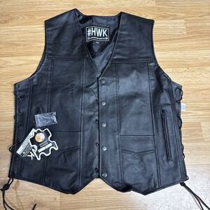 HWK Leather Motorcycle Vest Black Classic Club Riding Biker Men M Gun Pocket NWT